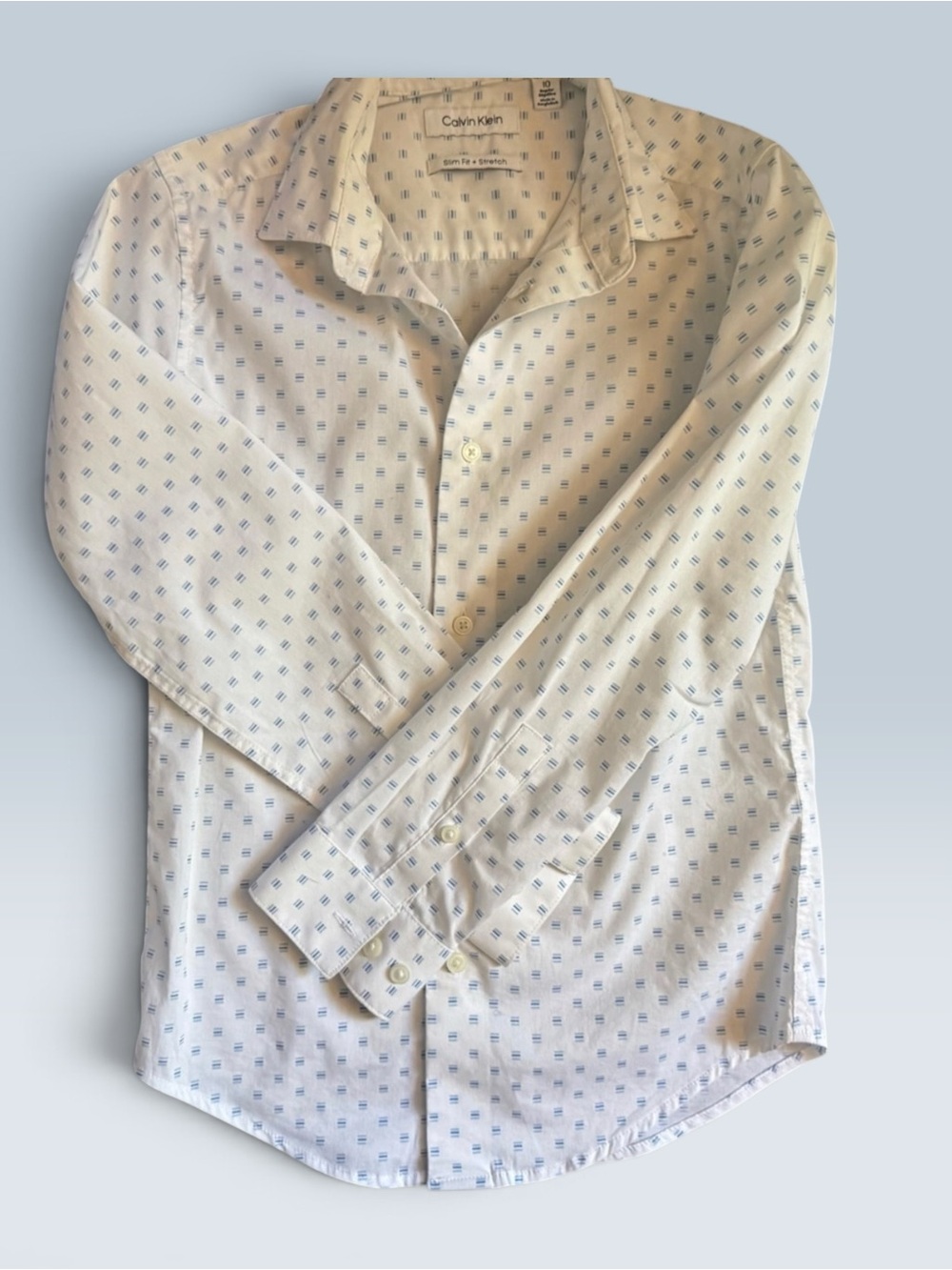 Calvin Klein Boys Slim Fit Stretch Dress Shirt Size 10 White Blue Print